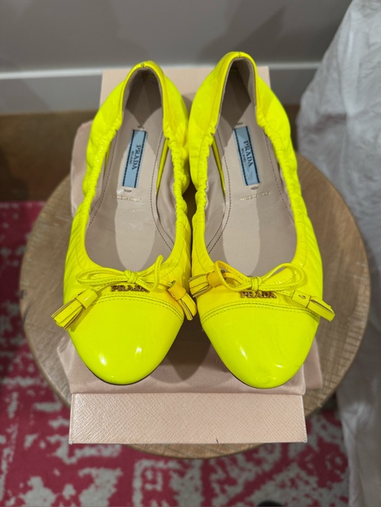 Prada Shoes - Authentic PRADA Neon Yellow Patent Leather Bow Tassel Scrunch Ballet Flats